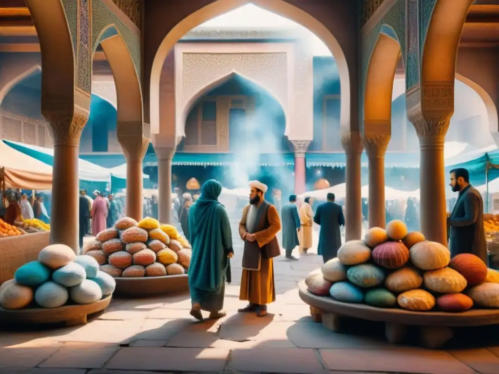 Pintura acuarela de un bullicioso mercado en la antigua Persia con préstamos lingüísticos persas en lenguas romanas