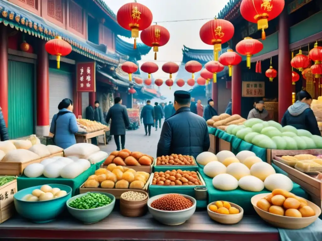 Pintura acuarela de un bullicioso mercado callejero en Beijing con platos tradicionales chinos