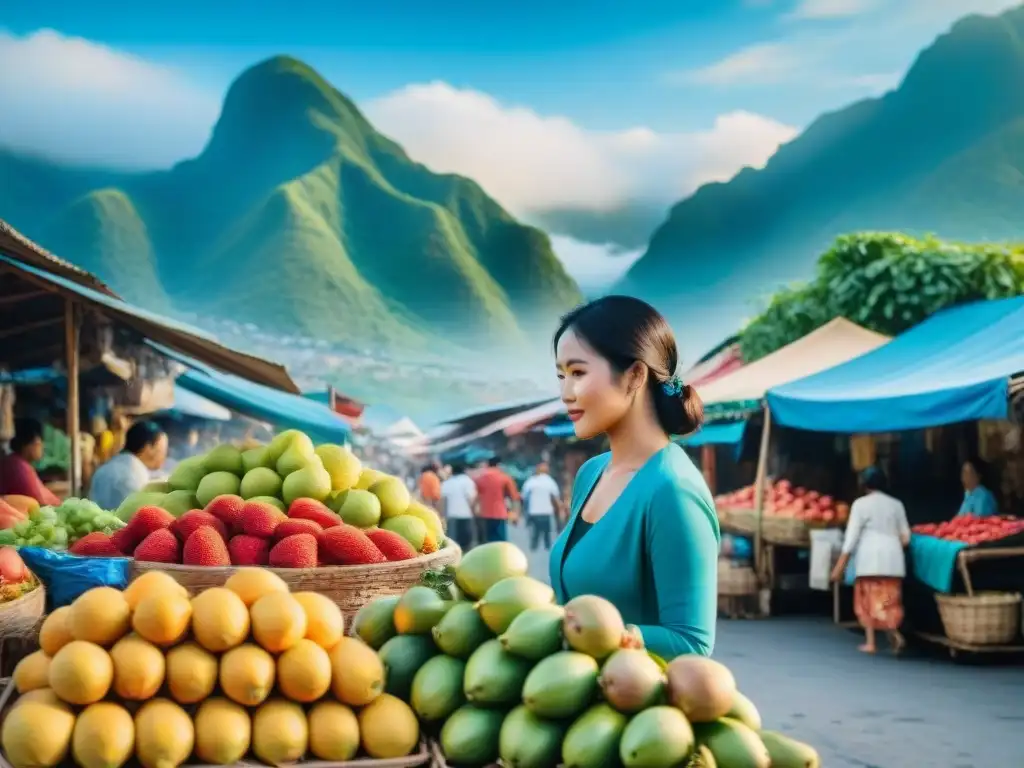 Pintura acuarela de un bullicioso mercado en Filipinas, con vendedores, frutas frescas y conversaciones auténticas