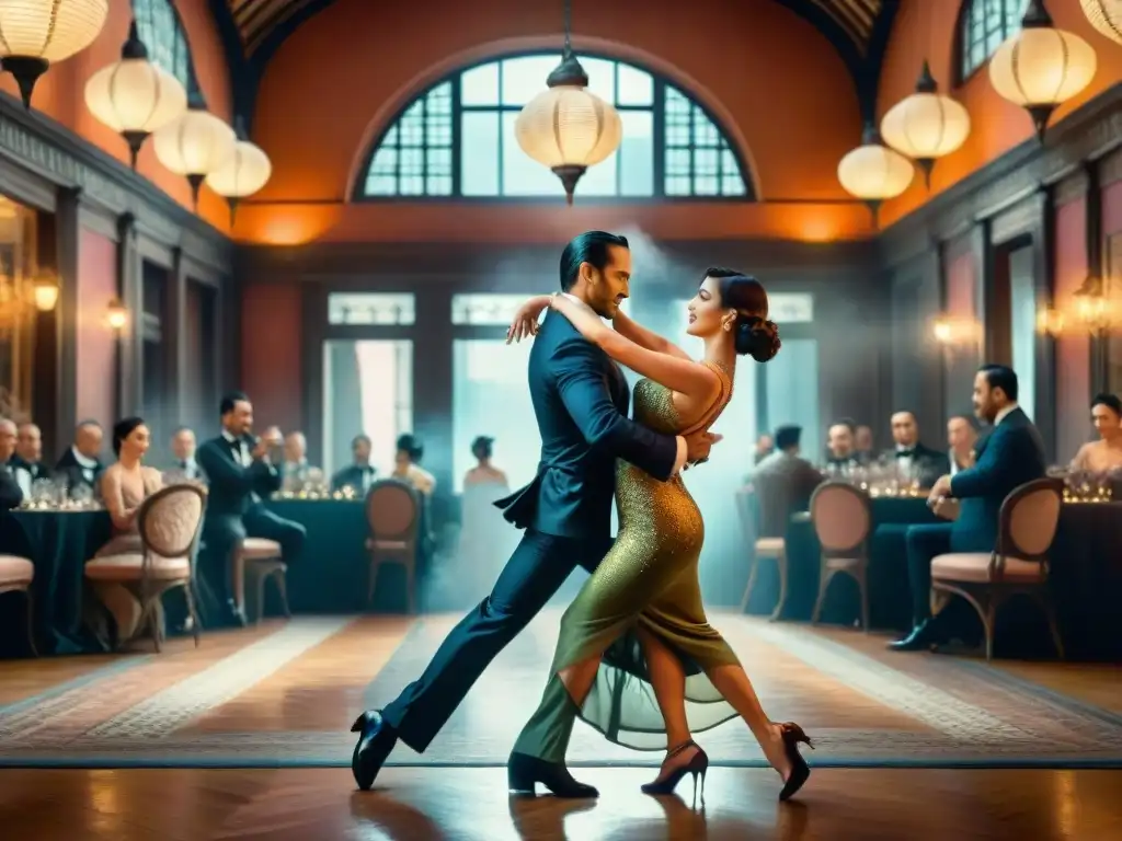 Pintura acuarela de un bullicioso salón de tango en Buenos Aires, siglo XX, exudando nostalgia y romance