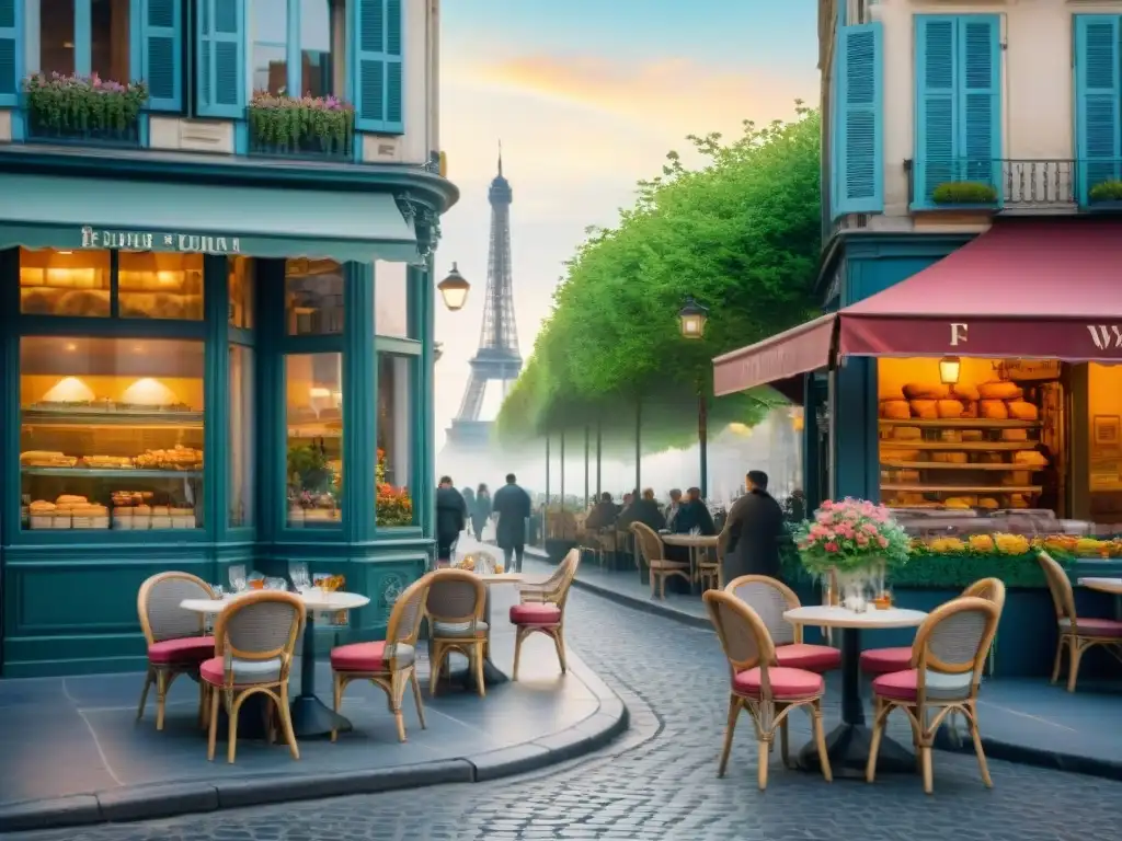 Pintura acuarela de un café parisino, con mesas floridas, la Torre Eiffel al fondo y una atmósfera acogedora