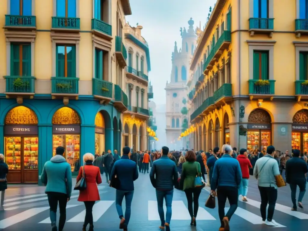 Pintura acuarela de calles vibrantes de Barcelona, reflejando la riqueza cultural y lenguas dialectos Barcelona