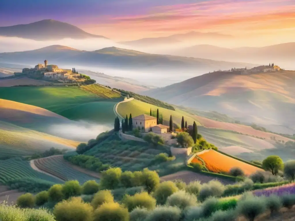 Pintura acuarela de campo siciliano al atardecer, ideal para inspirar a escritores de poesía en dialecto siciliano