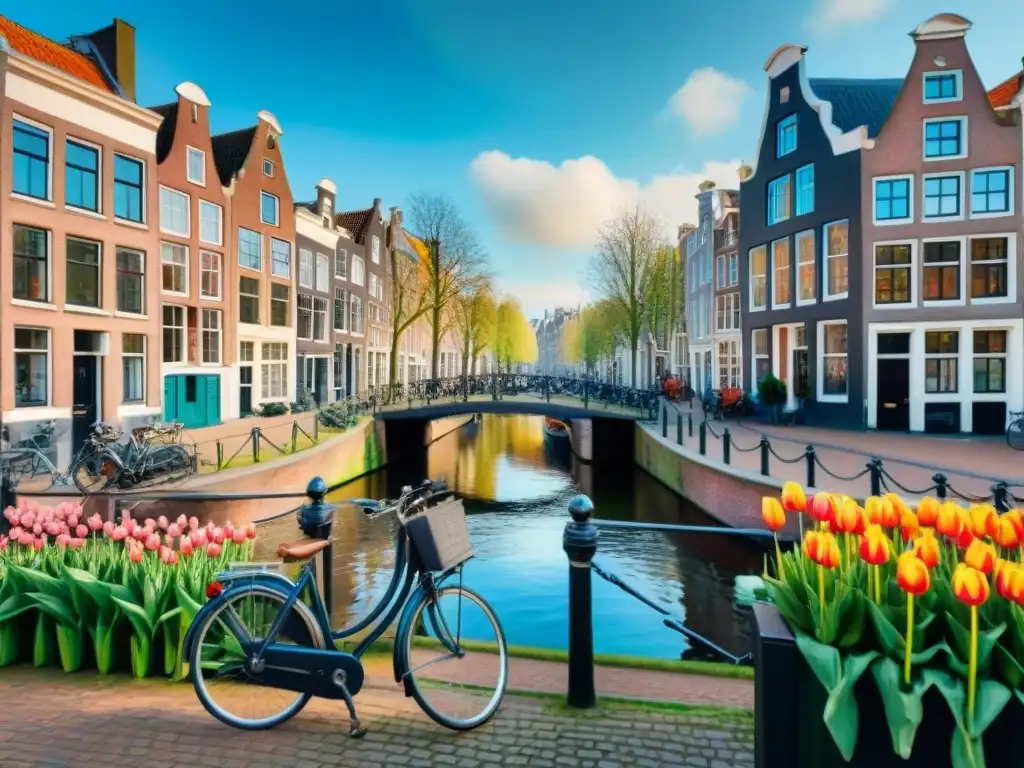 Pintura acuarela de un canal en Ámsterdam con tulipanes, casas típicas, bicicleta y cielo azul