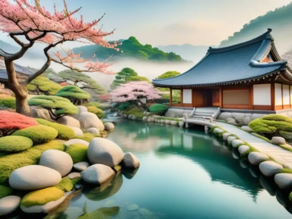 Pintura acuarela de jardín japonés con casa hanok coreana, arroyo y cerezos en flor