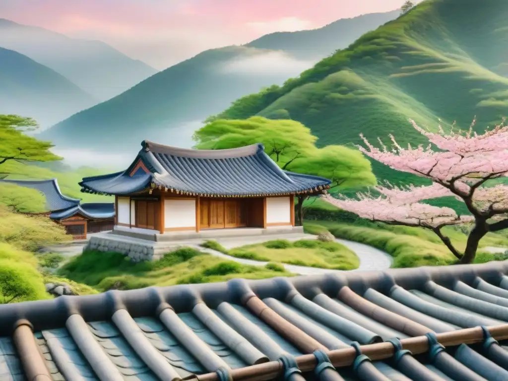 Pintura acuarela de una casa hanok coreana rodeada de montañas verdes y arroyo, con árboles de cerezo en flor