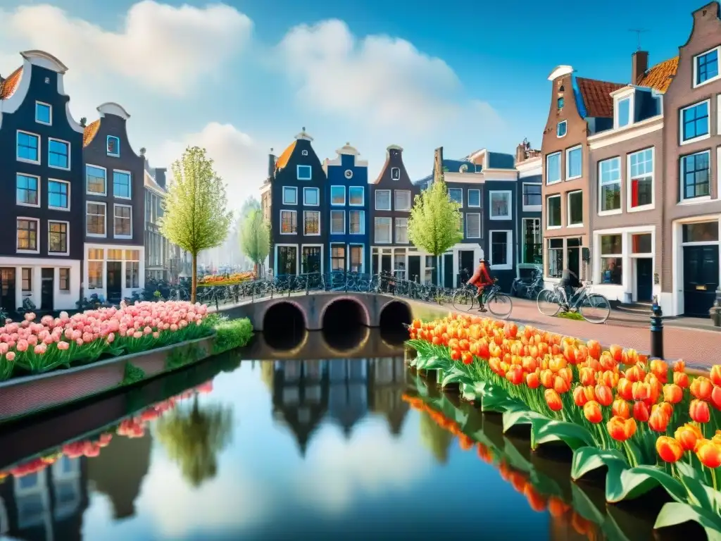 Pintura acuarela de Ámsterdam con casas holandesas, tulipanes y molinos bajo cielo azul