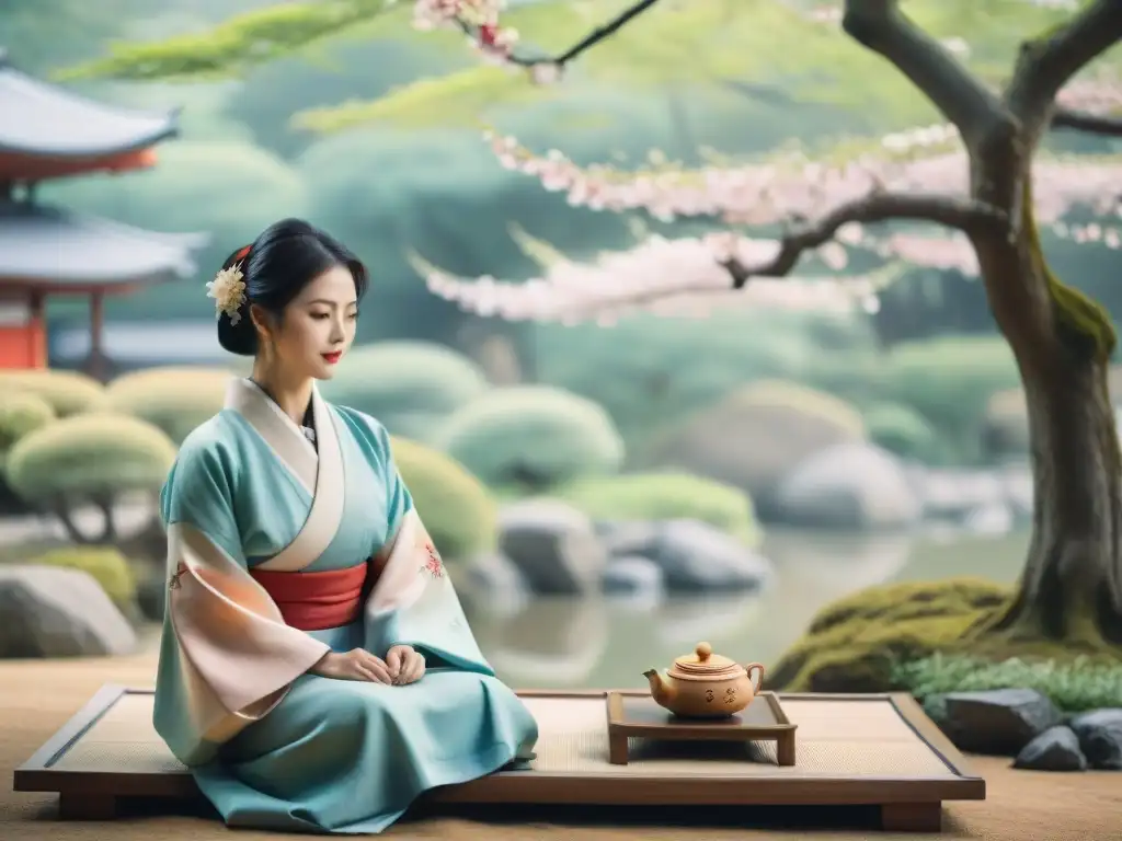 Pintura acuarela de una ceremonia del té japonesa en un jardín tranquilo con árboles de cerezo en flor