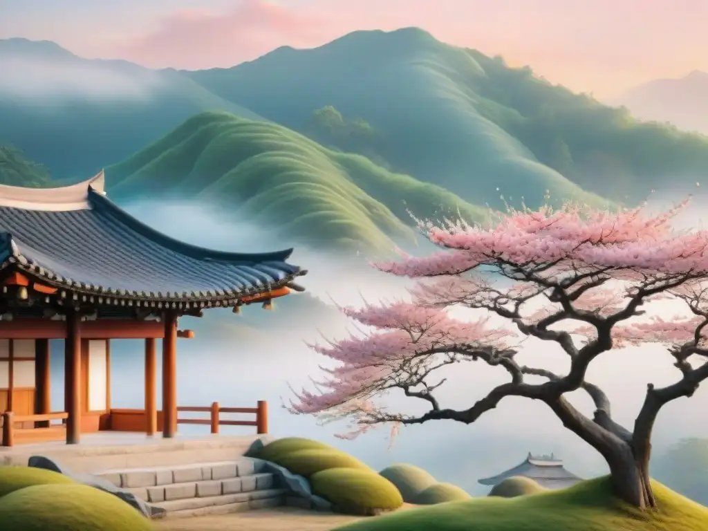 Pintura acuarela de un cerezo en flor junto a una casa hanok y una pagoda japonesa, simbolizando las raíces compartidas coreano-japonesas