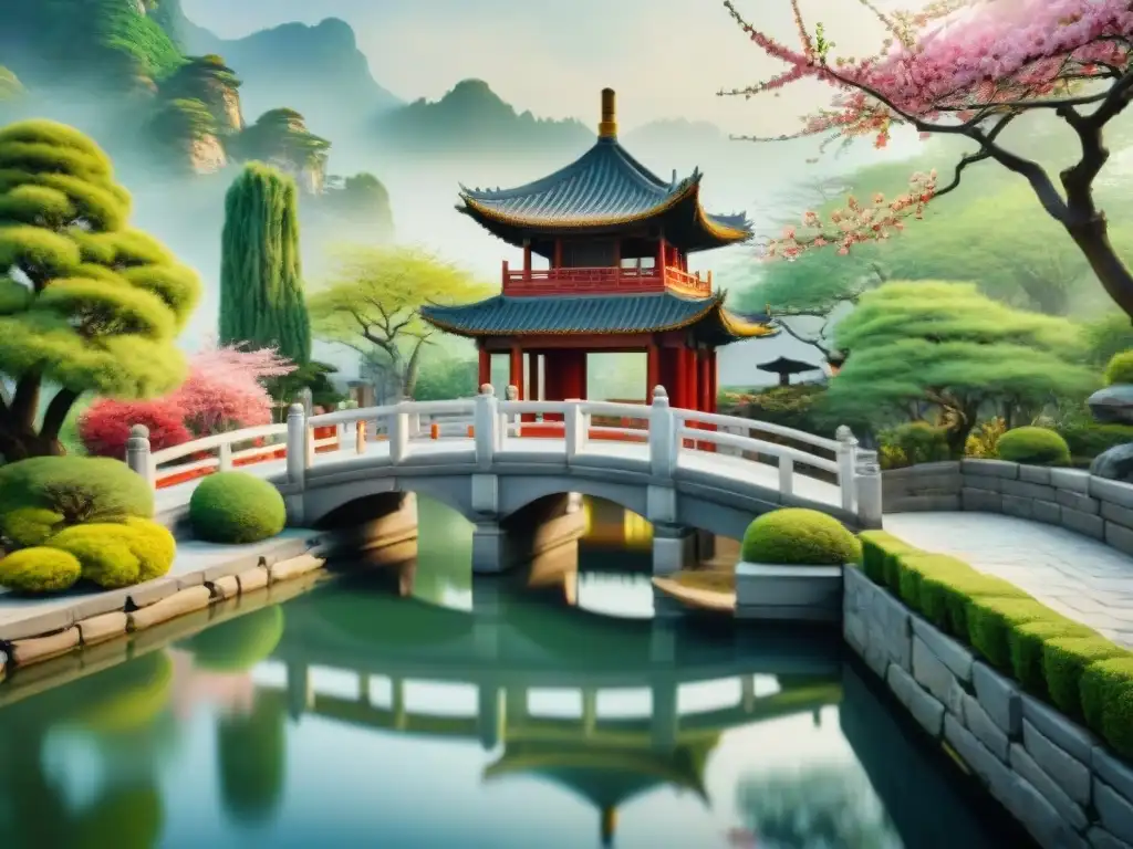 Pintura acuarela de un jardín chino con cerezos en flor, puente arqueado, estanque y pagoda