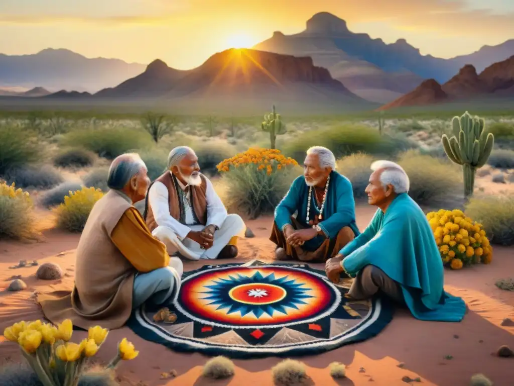 Pintura acuarela detalla ancianos Yaqui en círculo, rodeados de flores y símbolos, con atuendos tradicionales y paisaje desértico al atardecer