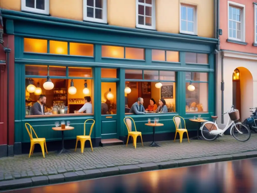 Pintura detallada de un acogedor café en Copenhague, con locales en animada conversación en danés