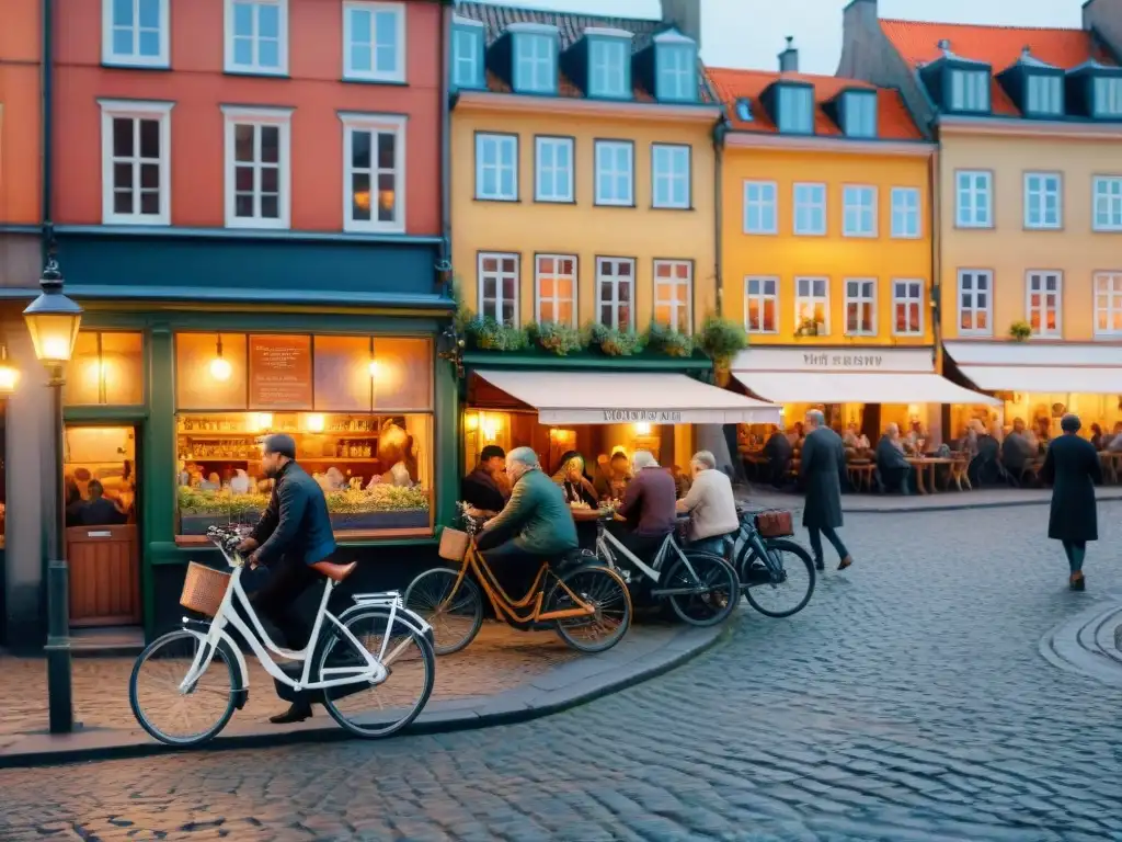 Pintura detallada de un acogedor café en Copenhague, Dinamarca, con locales en conversación en danés, bicicletas coloridas y Nyhavn de fondo