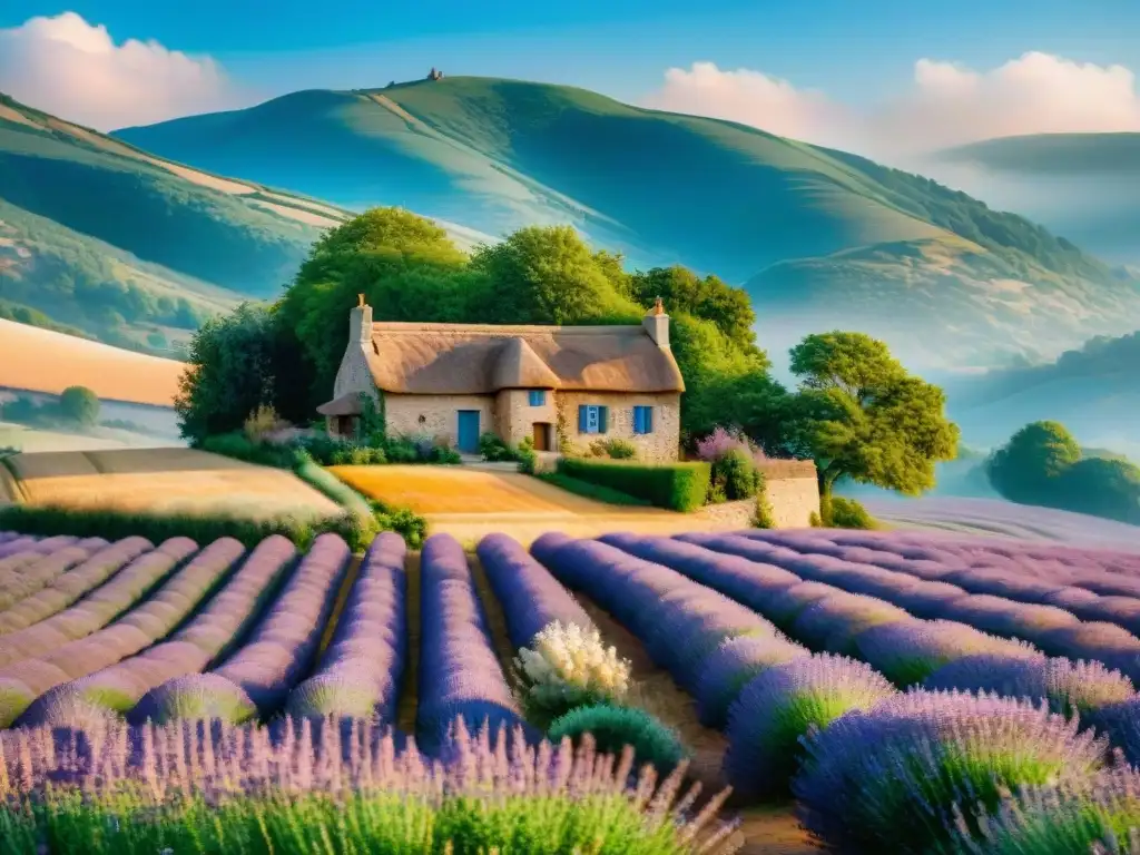 Pintura detallada en acuarela de un apacible paisaje campestre francés con casa de piedra y campos de lavanda, bajo cielo azul