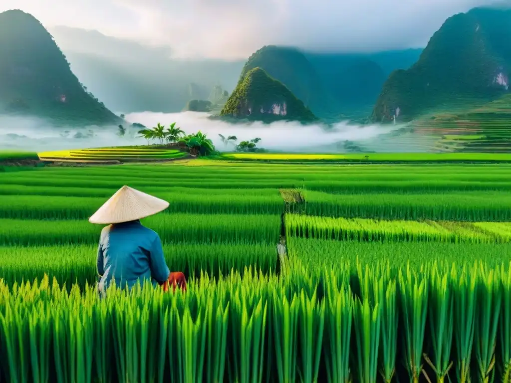 Pintura detallada en acuarela de un apacible paisaje vietnamita con arrozales verdes y agricultores bajo el sol dorado, rodeados de montañas