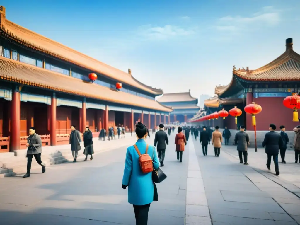 Una pintura detallada en acuarela de una bulliciosa calle de Beijing, con arquitectura china tradicional, faroles rojos, personas vestidas con trajes tradicionales y árboles de cerezos en flor, con la icónica Ciudad Prohibida al fondo bajo un cielo azul claro