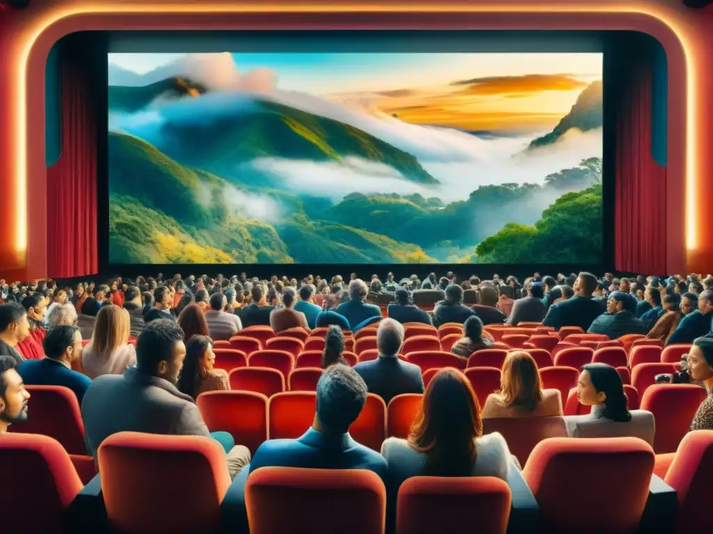 Una pintura detallada en acuarela de un cine multicolor con gente de todo el mundo disfrutando de una película con subtítulos en varios idiomas