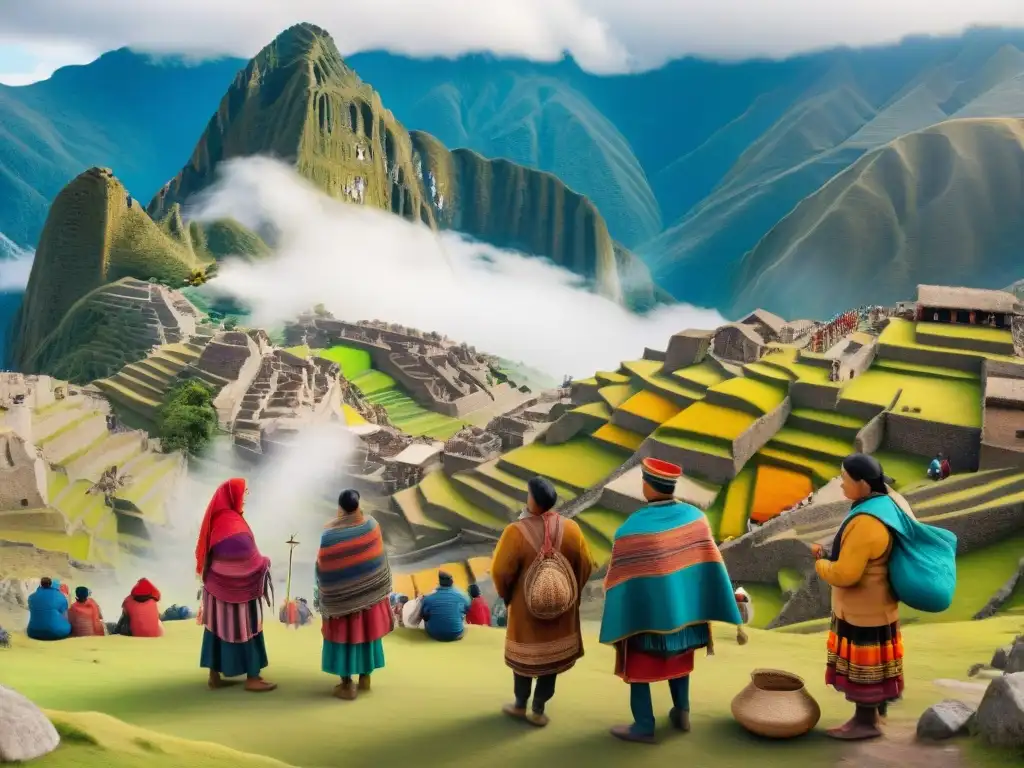 Una pintura detallada en acuarela que muestra la cultura quechua en Perú con inmersión lingüística