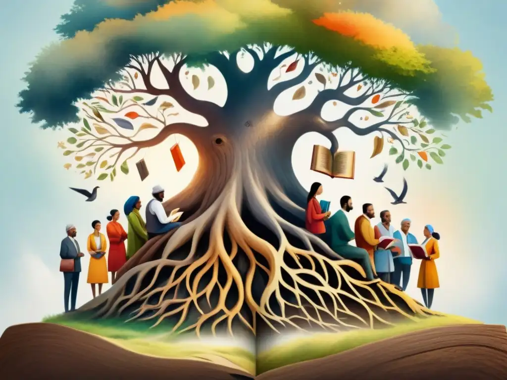 Una pintura detallada acuarela de diversidad cultural y libros bajo un árbol antiguo, con aves de colores