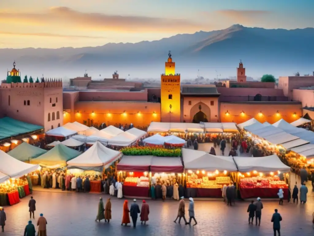 Pintura detallada acuarela Plaza Jemaa elFnaa Marrakech, colores vibrantes, arquitectura intrincada y diversa multitud