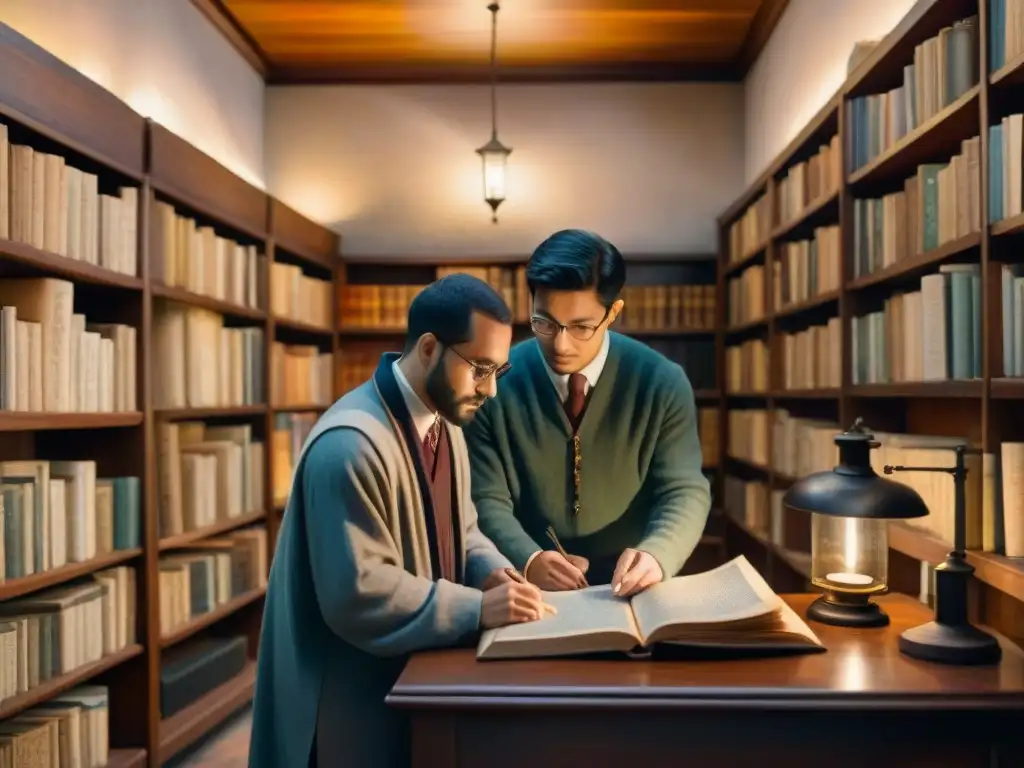 Pintura detallada acuarela de eruditos en biblioteca iluminada por velas, destacando la importancia del latín en historia