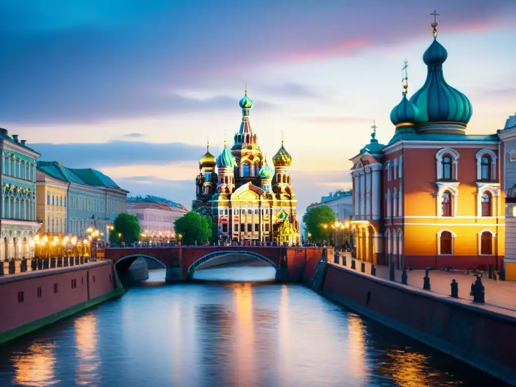 Pintura detallada acuarela de la Iglesia del Salvador en Sangre Derramada en San Petersburgo, con sus cúpulas vibrantes y detalles arquitectónicos, bajo un cielo de atardecer sobre el canal