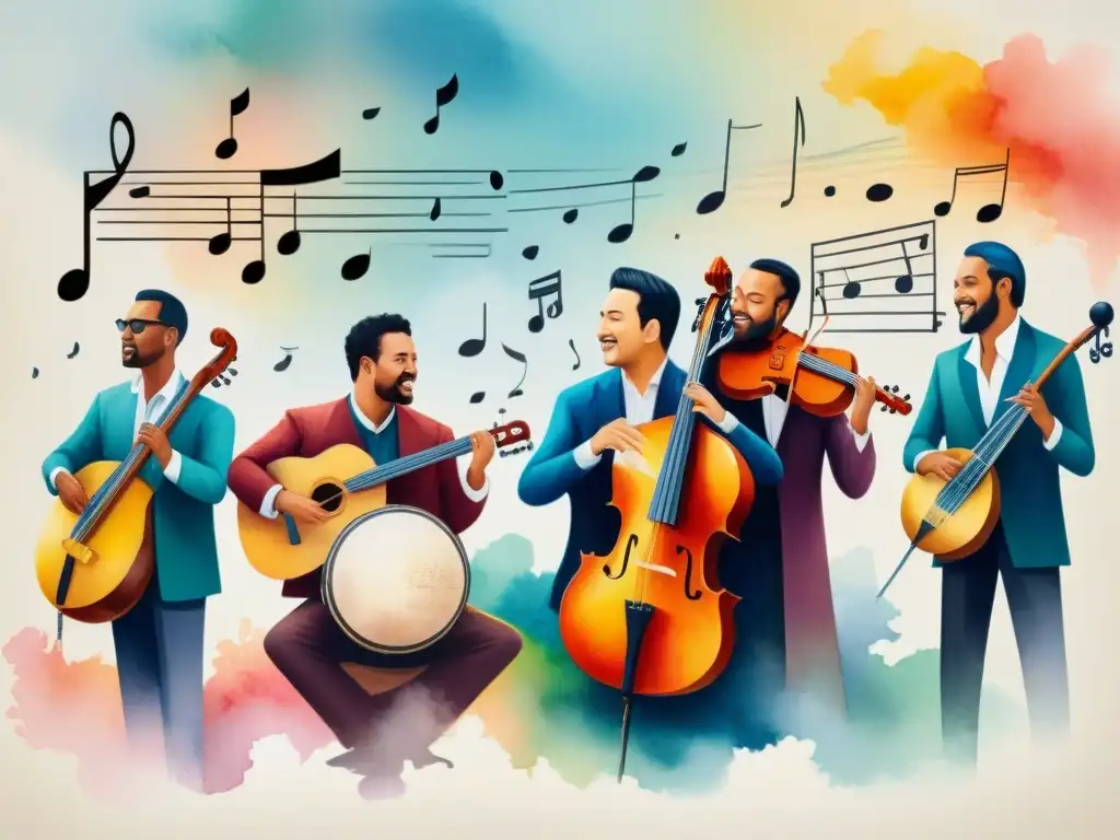 Una pintura detallada en acuarela de músicos de todo el mundo tocando instrumentos tradicionales, rodeados de notas musicales coloridas