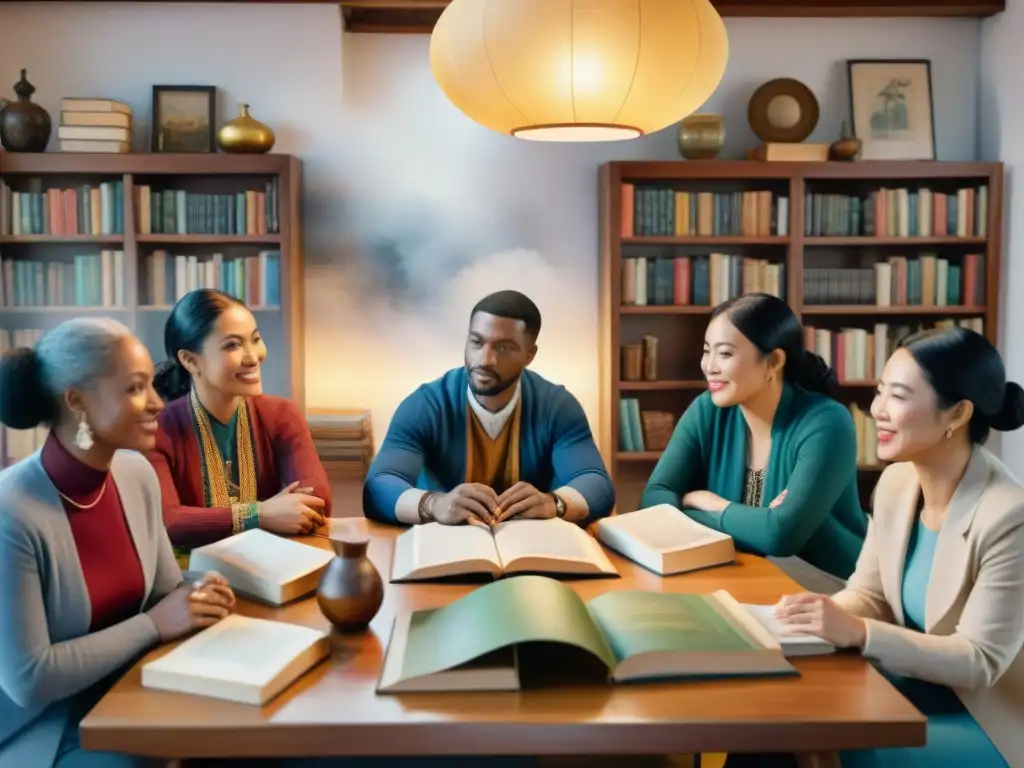 Una pintura detallada en acuarela de personas de distintas culturas compartiendo historias en dialectos en peligro, en una cálida sala con libros