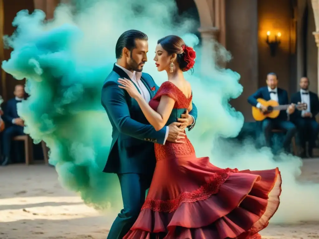 Una pintura detallada en acuarela 8k que representa una vibrante actuación de flamenco en un tablao español