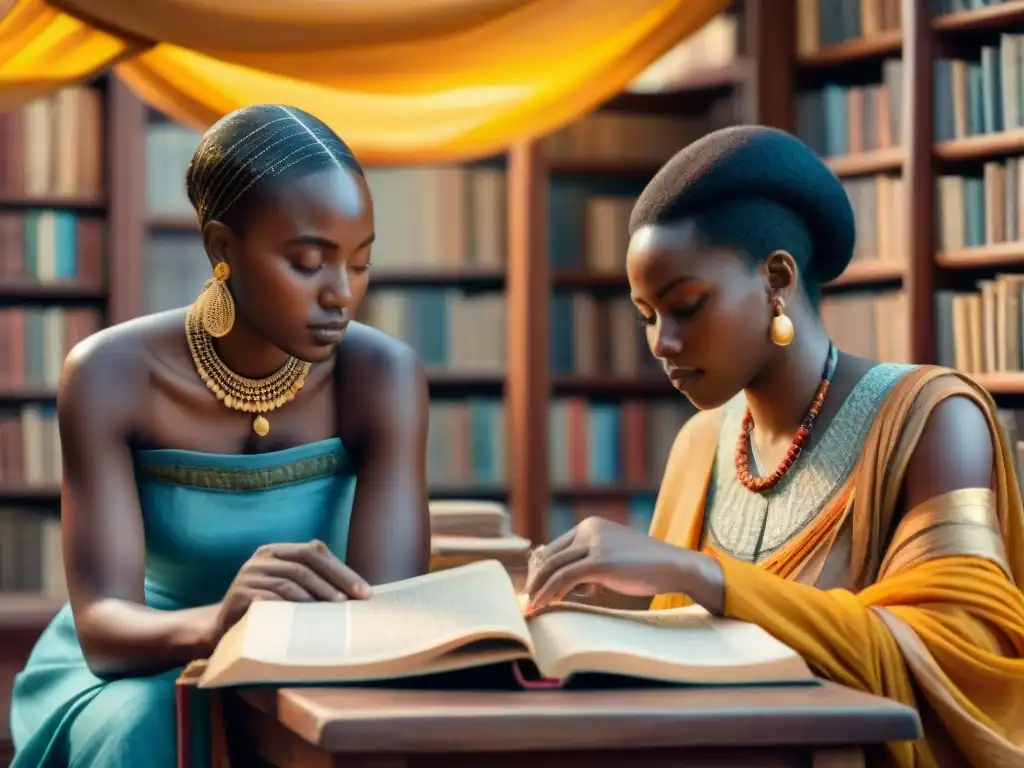 Una pintura detallada de africanos leyendo y escribiendo en una biblioteca decorada, resaltando la literatura en lenguas originarias de África