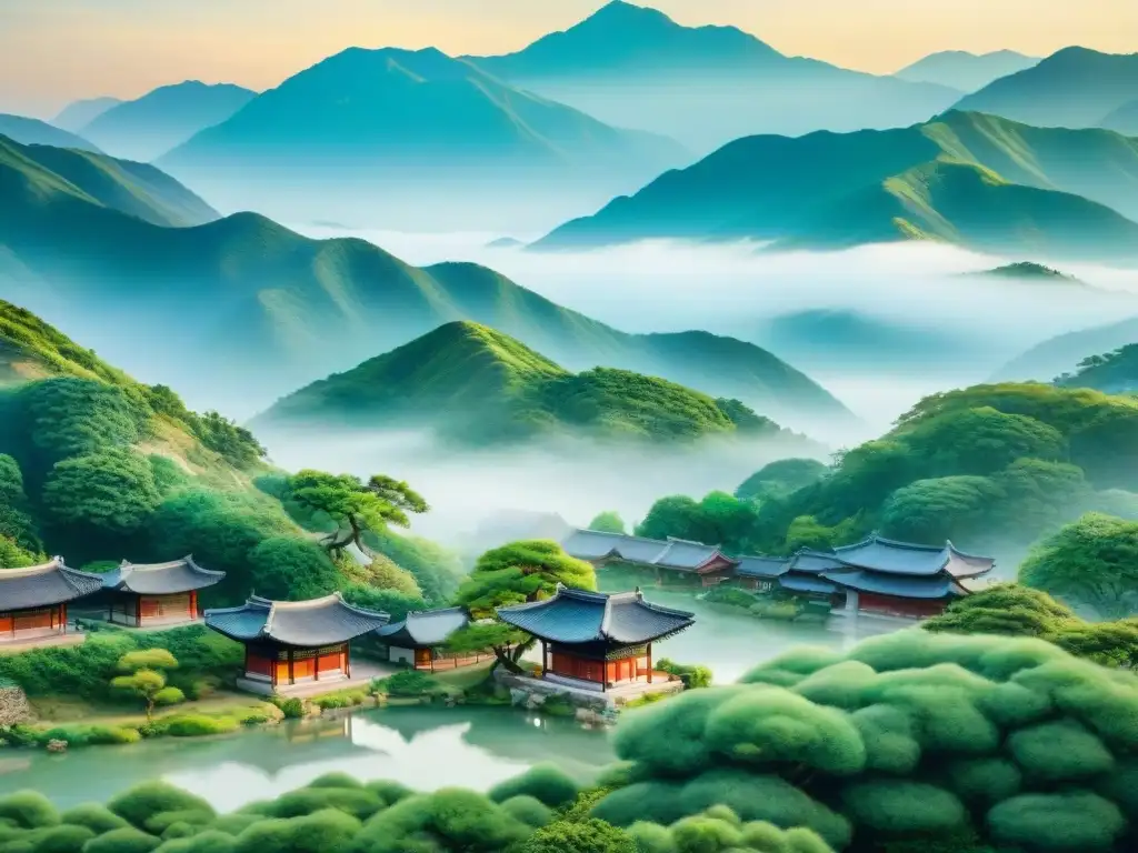 Pintura detallada al agua de un paisaje sereno de Corea al amanecer, ideal para aprender coreano para principiantes