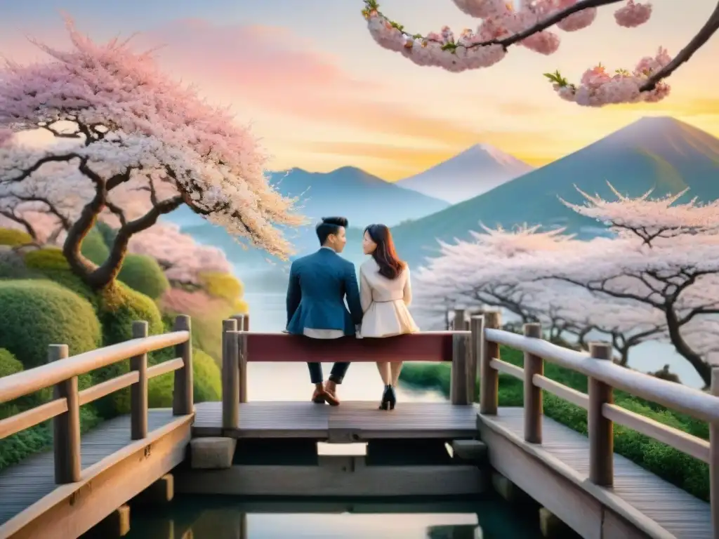 Una pintura detallada de dos amantes en un puente japonés rodeado de cerezos en flor, reflejando el romance y belleza cultural