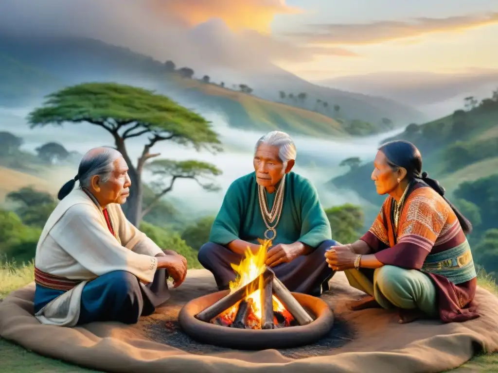 Pintura detallada de ancianos indígenas compartiendo historias alrededor del fuego