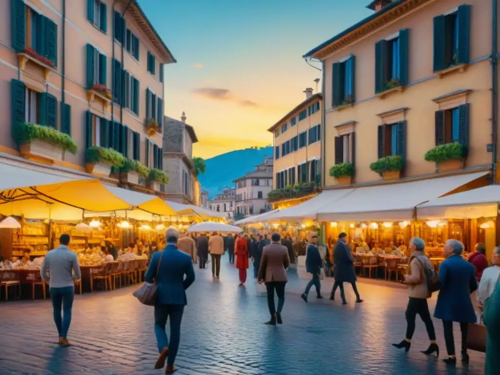 Pintura detallada de una animada plaza italiana con cafés encantadores y edificios coloridos