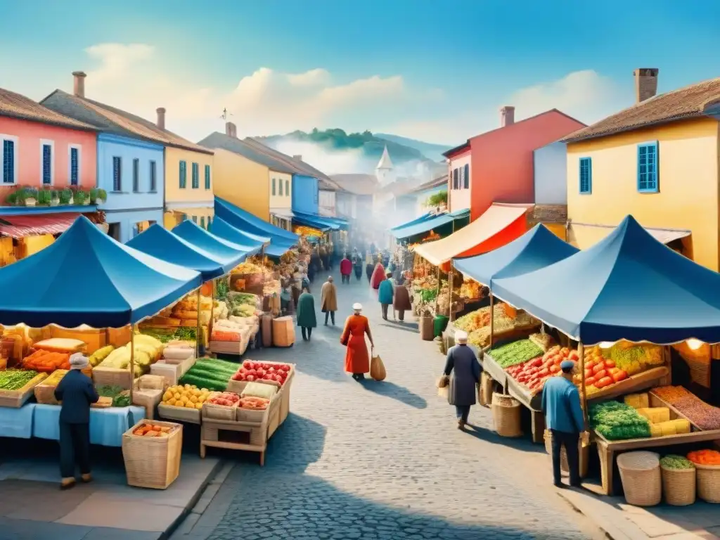 Pintura detallada de un animado mercado en un pueblo, con vendedores locales y diversidad cultural