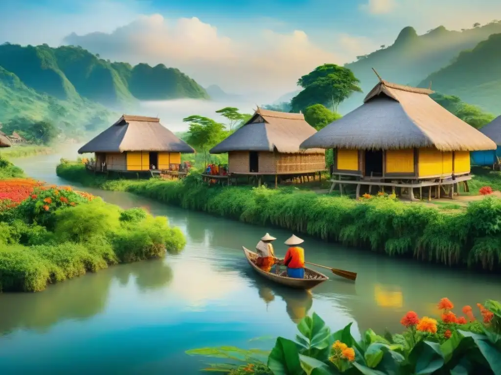 Pintura acuarela detallada de un animado pueblo Chontal de Tabasco, con casas de paja, río y naturaleza exuberante