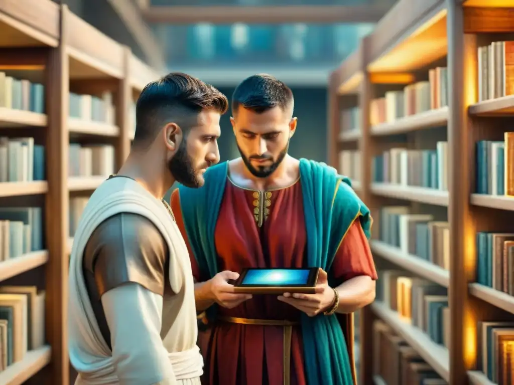 Pintura detallada de antiguos sabios romanos maravillados con tecnología digital en una biblioteca, fusionando eras