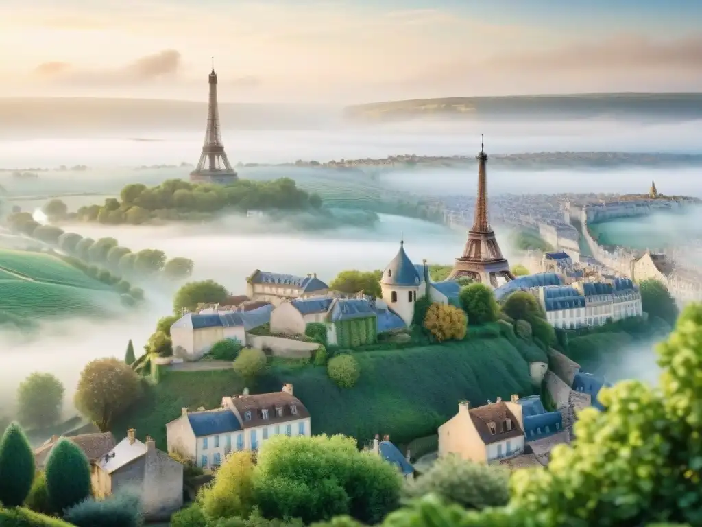 Pintura detallada de un apacible amanecer en la campiña francesa con un encantador pueblo tradicional, río y la Torre Eiffel