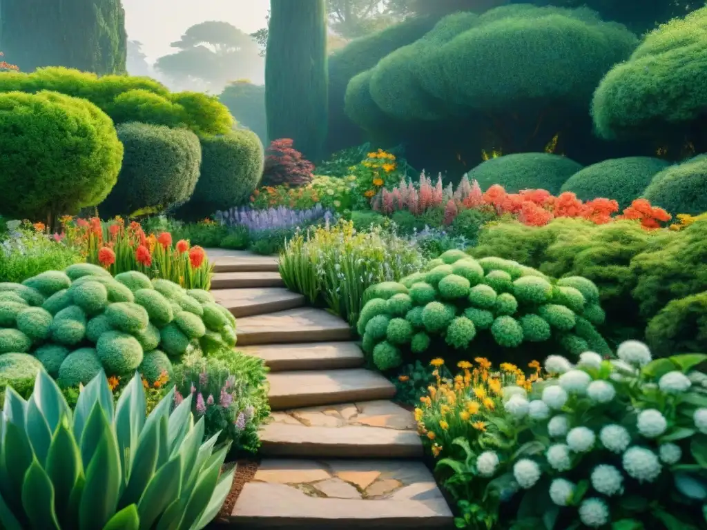 Pintura detallada de un apacible jardín botánico con diversidad de flores y plantas, destacando formas y colores vibrantes