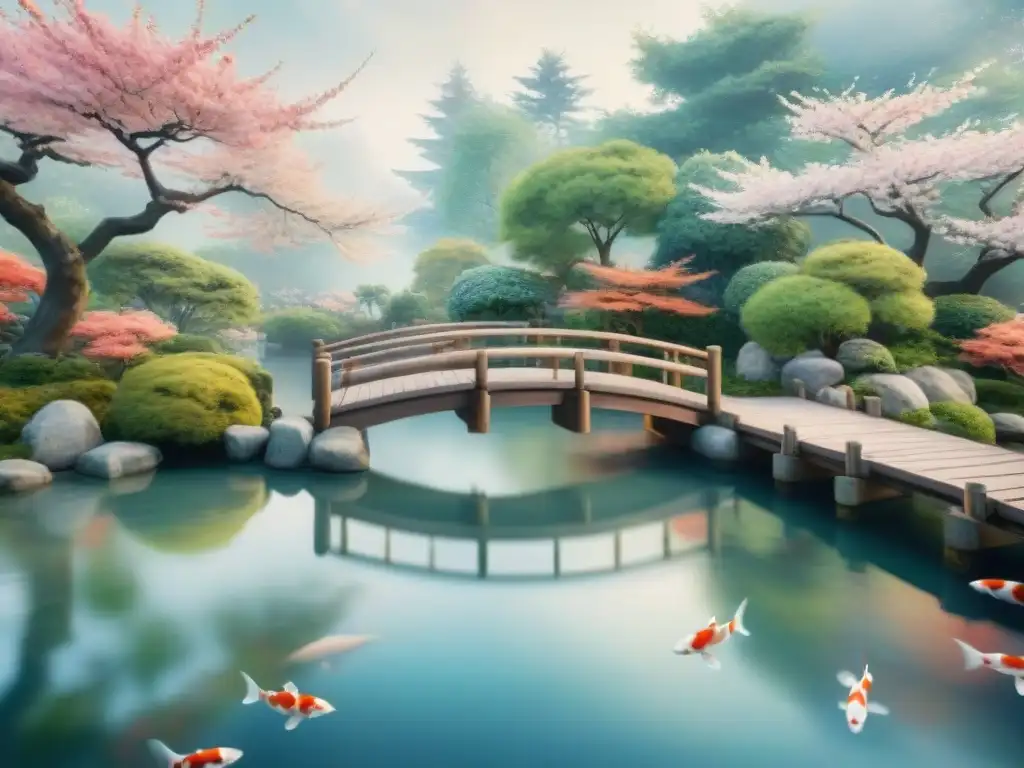 Pintura detallada de un apacible jardín japonés con cerezos en flor, un puente de madera y peces koi nadando bajo el agua