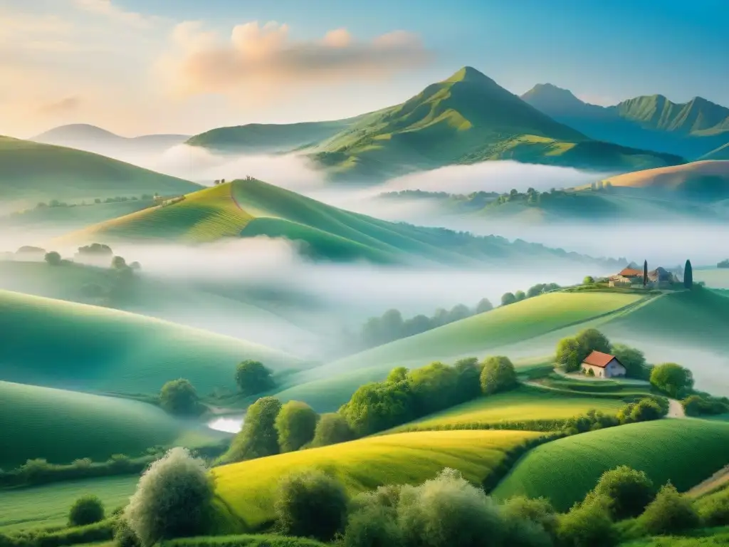 Pintura acuarela detallada de un apacible paisaje rural con colinas, vegetación exuberante y un pueblo en el valle