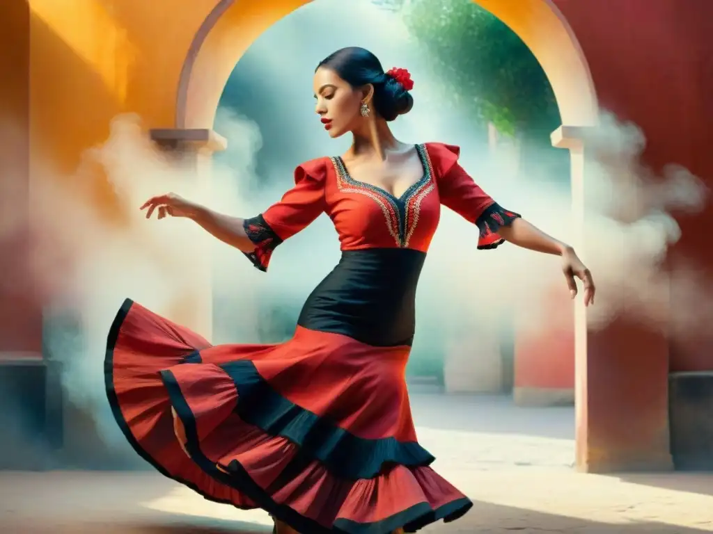 Una pintura acuarela detallada de una bailaora de flamenco en traje vibrante, moviéndose con gracia al ritmo de una guitarra apasionada