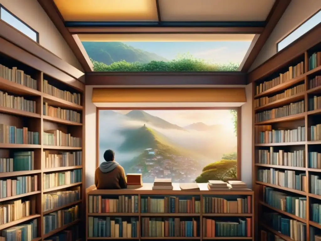 Una pintura acuarela detallada de una biblioteca diversa, llena de libros de diferentes idiomas y culturas, iluminada por la luz del sol, representa la riqueza cultural de los lenguajes y dialectos del mundo