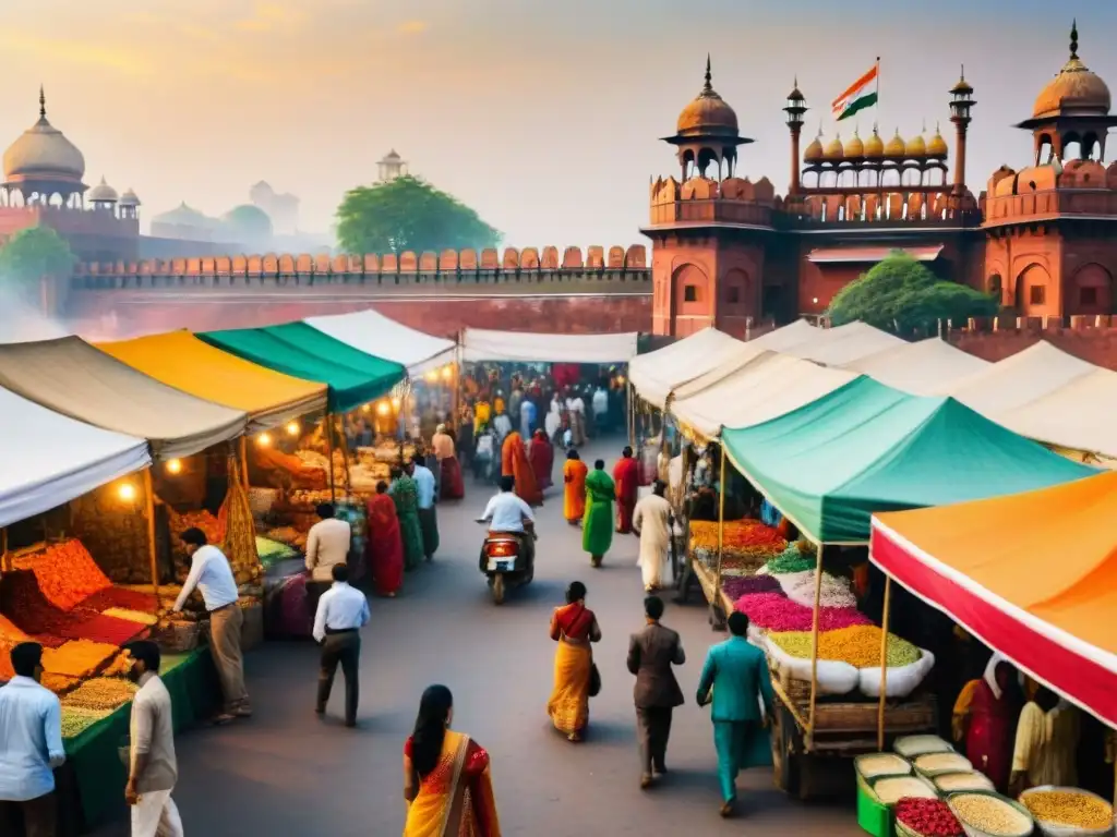 Pintura detallada de una bulliciosa calle en Nueva Delhi con telas coloridas, diseños de henna y el Fuerte Rojo en el fondo