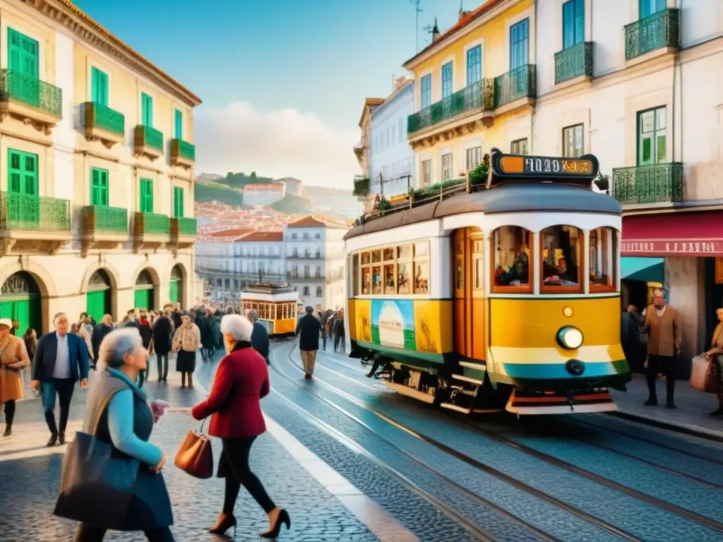 Pintura detallada de una bulliciosa calle de Lisboa, capturando la riqueza lingüística y cultural de Portugal