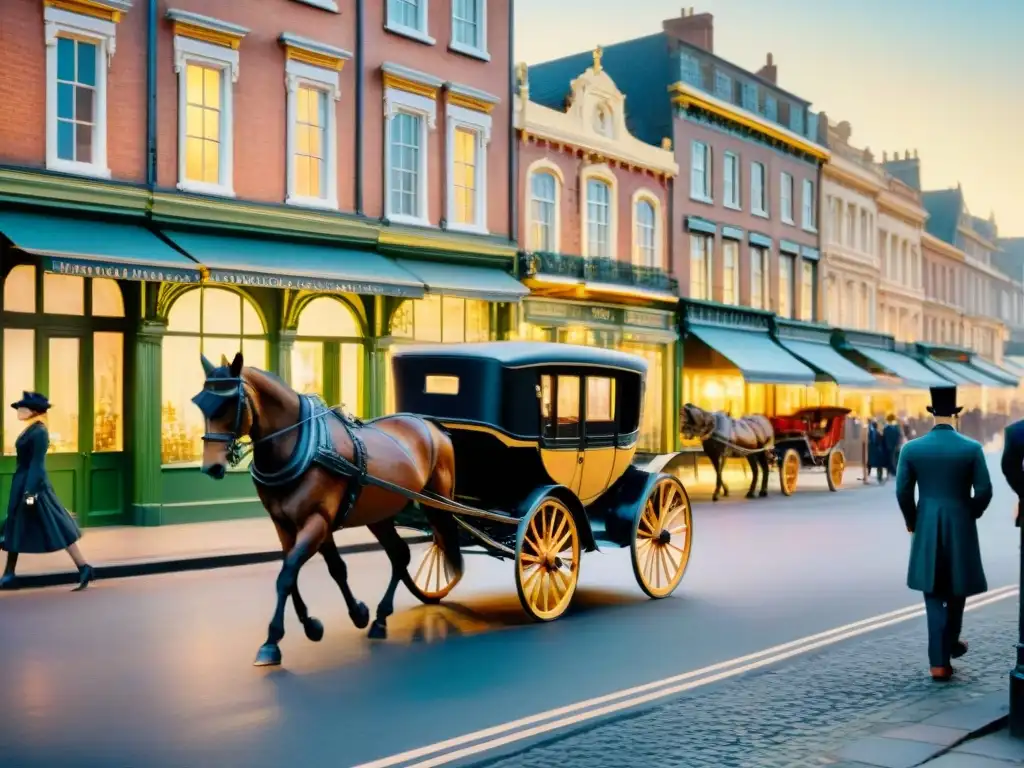 Una pintura detallada de una bulliciosa calle victoriana con elegantes personas, carruajes y faroles de gas