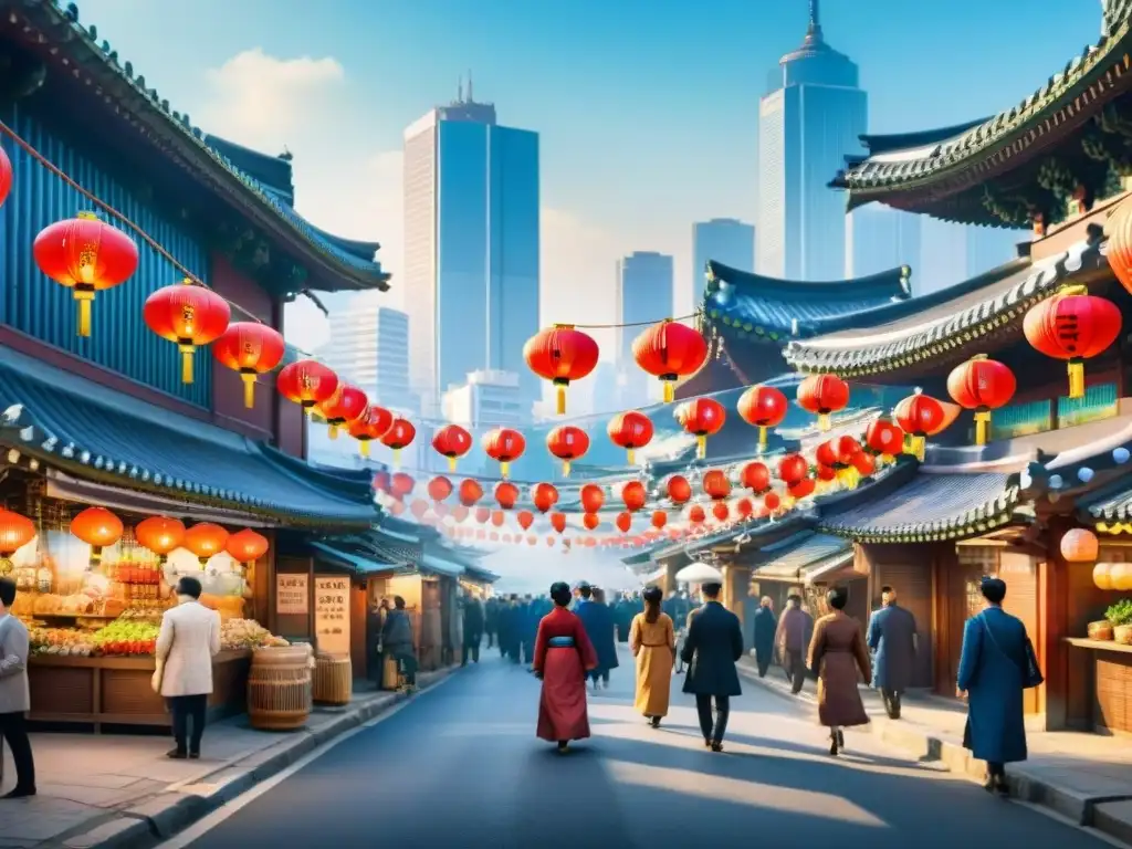 Pintura detallada de una bulliciosa calle en Seúl, Corea del Sur, con arquitectura tradicional, faroles coloridos y vendedores de comida callejera