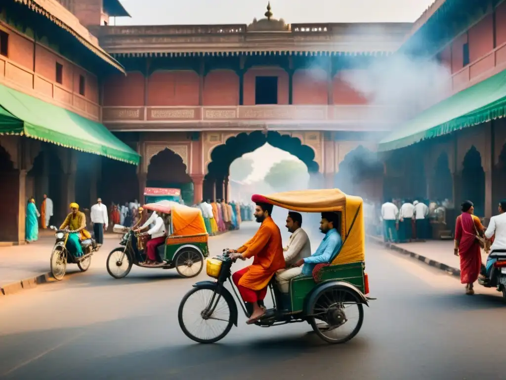 Una pintura acuarela detallada de una bulliciosa escena callejera en Nueva Delhi, India