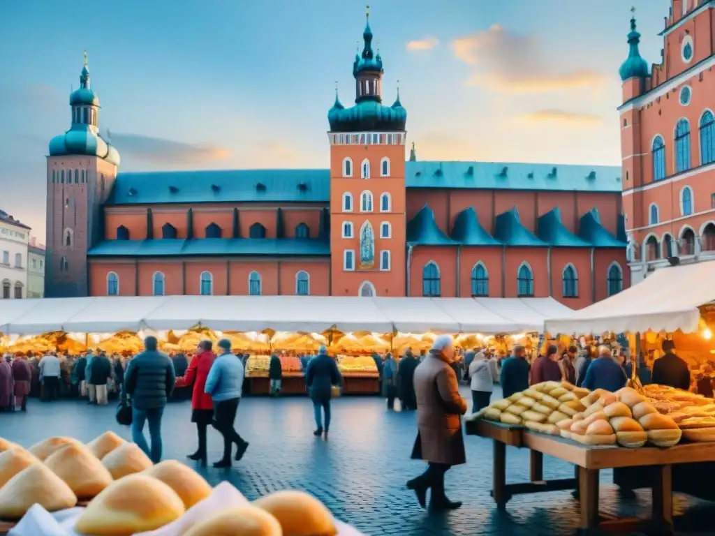 Pintura detallada de la bulliciosa plaza principal de Cracovia, Polonia, con delicias polacas y arquitectura histórica