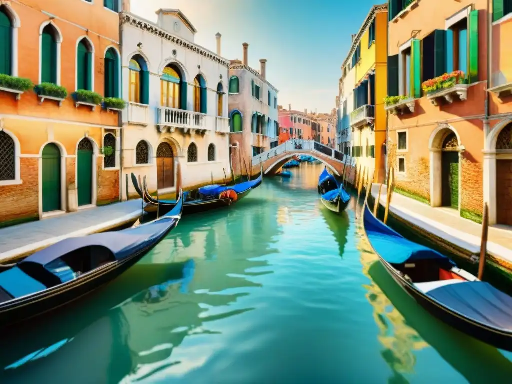 Pintura detallada de un bullicioso canal veneciano con góndolas, edificios históricos y ropa colorida